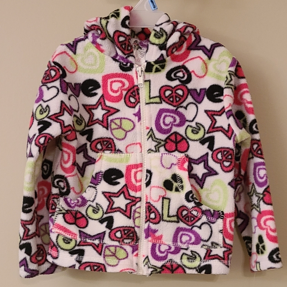 Colorful fleece zipup hoodie with peace/love print